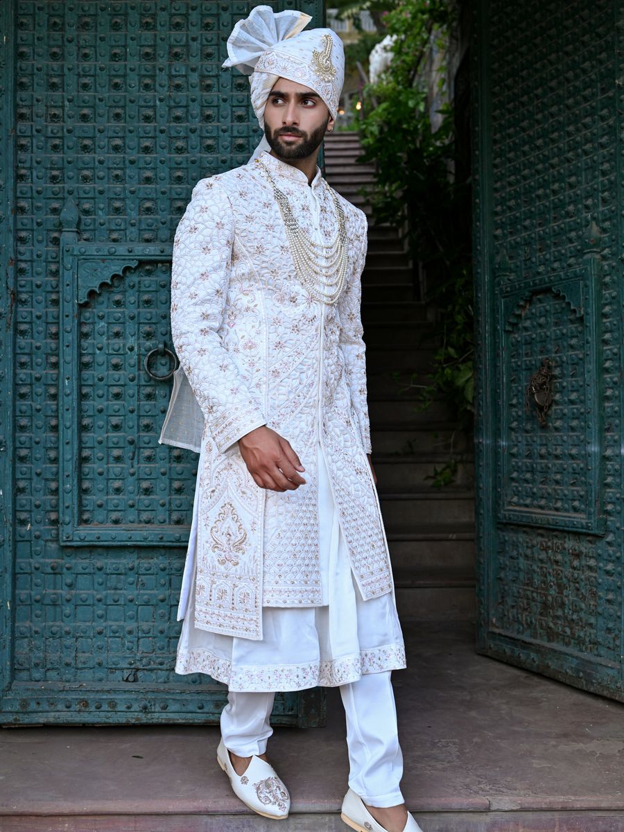 White embroidered sherwani with anarkali